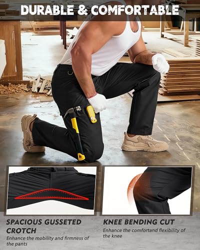Men's Stretch Tactical Cargo Work Pants - 9-Pocket Ripstop, Black, 36W x 32L
