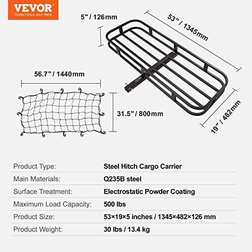 Hitch Cargo Carrier 53x19x5 in Steel Luggage Rack 500lb Capacity for SUV Truck
