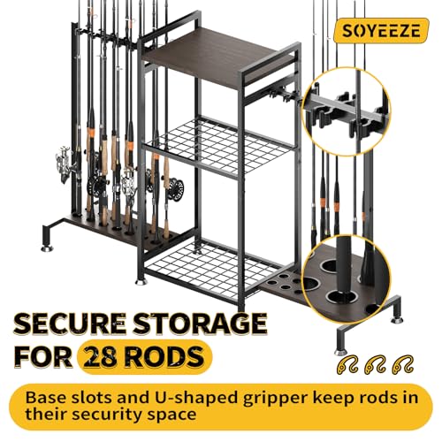 SOYEEZE Black 28-Rod Fishing Rod Holder Rack for Garage & Tackle Storage