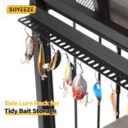 Black 3-Side Fence Fishing Rod Holder Rack for Garage, Up to 12 Rods, Hooks & Wheels, SOYEEZE