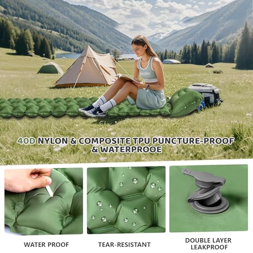 Green 4-Inch Thick Camping Sleeping Pad with Built-in Pillow & Foot Pump