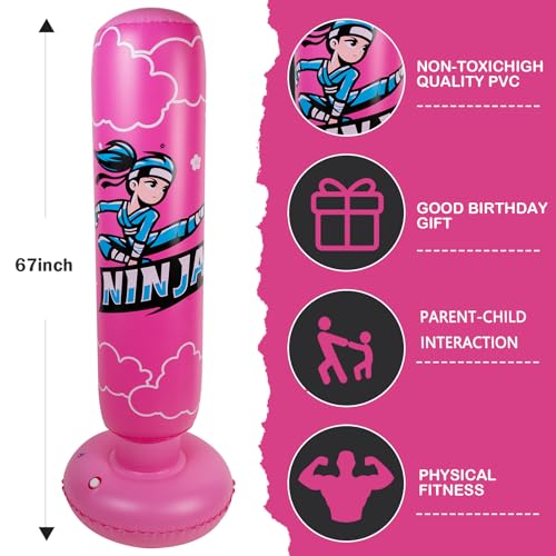 Kids Inflatable Punching Bag - Ninja Pink 67 Inch Kids Boxing Bag with Gloves & Pump