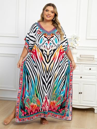 Plus Size Kaftan Dress for Women V-Neck Print Beach Cover Up - One Size, Colorful Stripes