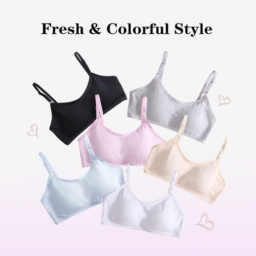 YoBeLove Teen Girls Sports Bras 6 Pack Cotton Underwear with Bra Pads and Adjustable Spaghetti Straps for Kids 10-12 Years Multicolor