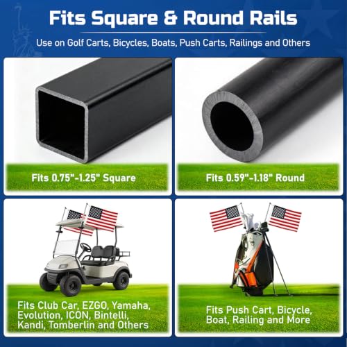Golf Cart Flag Holder Mount Kit with USA Flag - 15.7 Inch Flag Pole 2 Pack