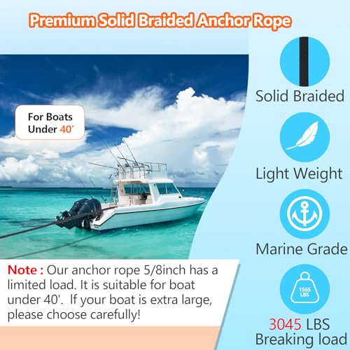 DEDU 5/8 Inch 100 FT Marine Anchor Rope with Stainless Steel Thimble & Snap Hook, Black