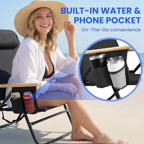 Canpsky 2-Pack Portable Beach Chairs for Adults, Lightweight Folding Camping Chairs with Wooden Armrests, 5-Position Recline, Cup Holders, Black