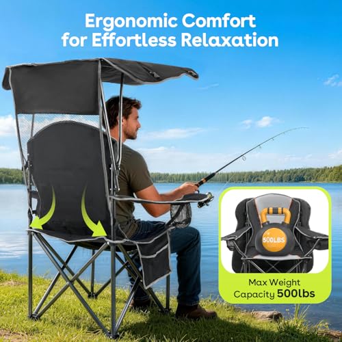 Camping Chair with Canopy Shade - Folding Outdoor Beach Chair, Black, 1 Pack