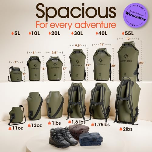 Earth Pak 55L Waterproof Dry Bag - Forest Green Roll Top Backpack for Kayak & Water Sports