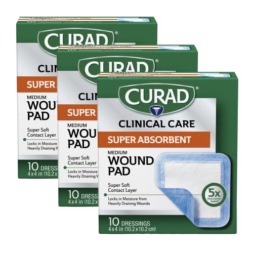 Curad Super Absorbent Wound Pad - Medium, 4x4 Inches, 30 Count, Heavy Draining Wound Care