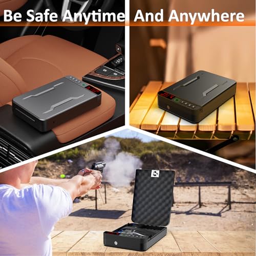Portable Gun Safe with LCD Display Black - Biometric, Keypad & Key Lock for Travel & Home