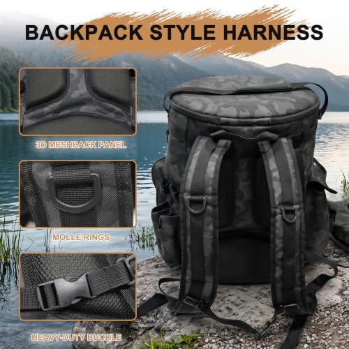 MDSTOP Black Camo Fishing Bucket Backpack with Seat & Tackle Storage