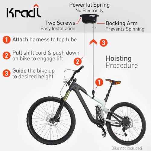 Kradl Spring-Powered Ceiling Bike Hoist & Rack 40lb Capacity for Garage Storage