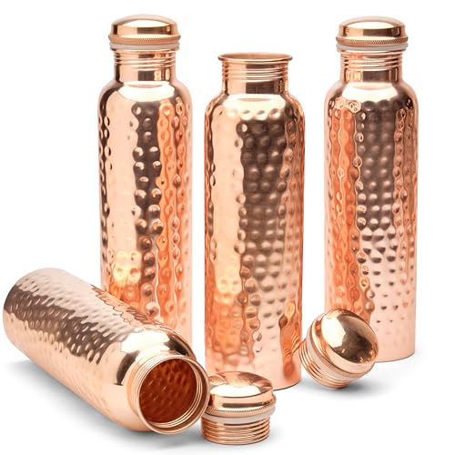 Set of 4 Hammered Copper Water Bottles 34oz - Pure, Leakproof, Reusable
