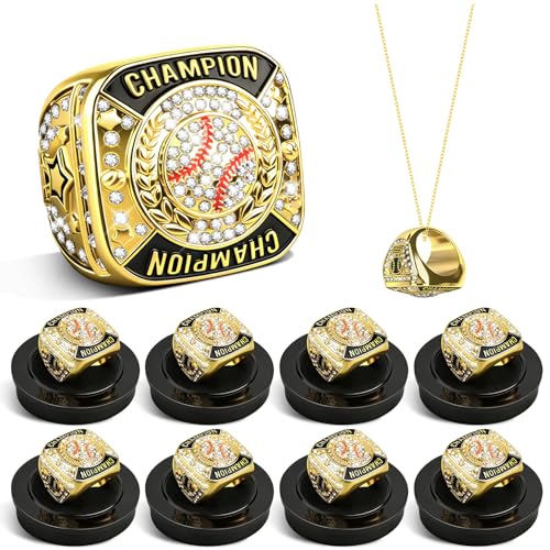 Noxglory 18 Pack Gold Baseball Championship Rings with Necklace – Trophy Award for Winners