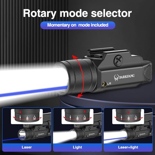 DARKFANG Tactical Flashlight & Blue Laser Light Combo - 1500 Lumen, Adjustable Rail, Rechargeable, Black - Blue