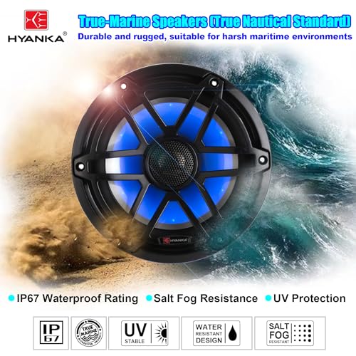 H YANKA Black Marine 6.5-Inch Speakers with 750W Power, IP67 Waterproof, Blue LED Pair