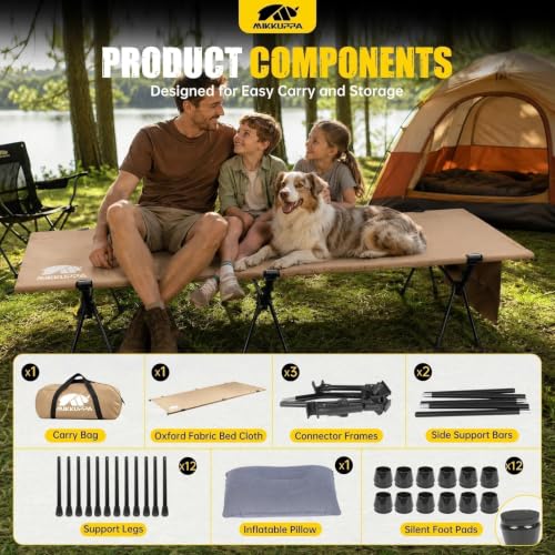 Portable Camping Cot Bed for Adults - Heavy-Duty Support with Inflatable Pillow, Khaki, 1 Pack