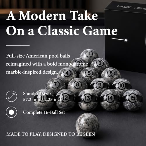 Empire USA Gray Marble Billiard Ball Set - Regulation 2.25 Inch Pool Balls with Stripes