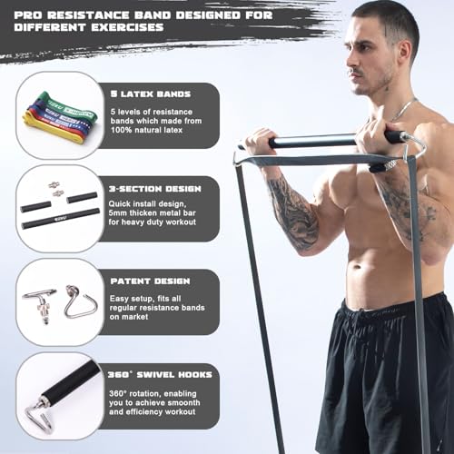 Adjustable Resistance Band Bar Set with 5 Resistance Bands - Heavy Duty Workout, Core & Strength Training