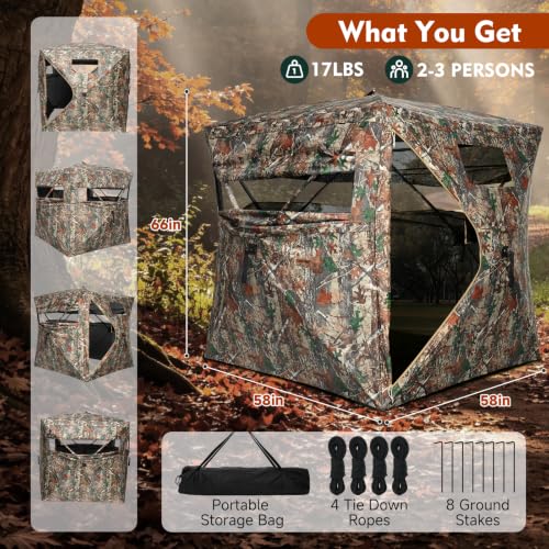 DUEYAGO 270° Camo Ground Hunting Blind for 2-3 Hunters, See-Through Mesh Windows