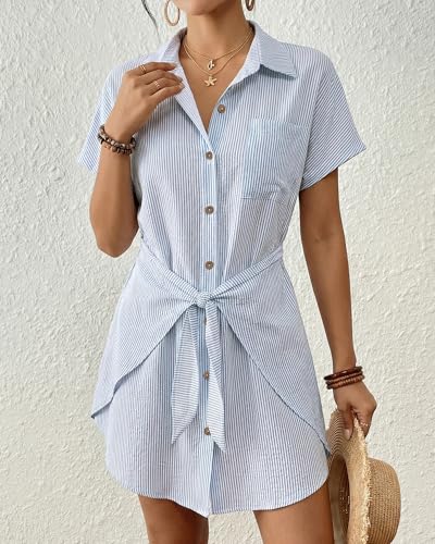 Women’s Swimsuit Coverup Tie Beach Shirt Dress - Blue Stripe, Medium