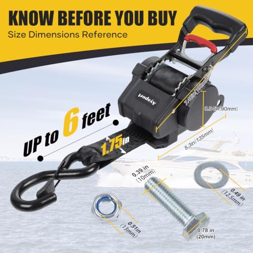 Heavy Duty Retractable Boat Tie Down Straps - Black, 1.75in x 6ft