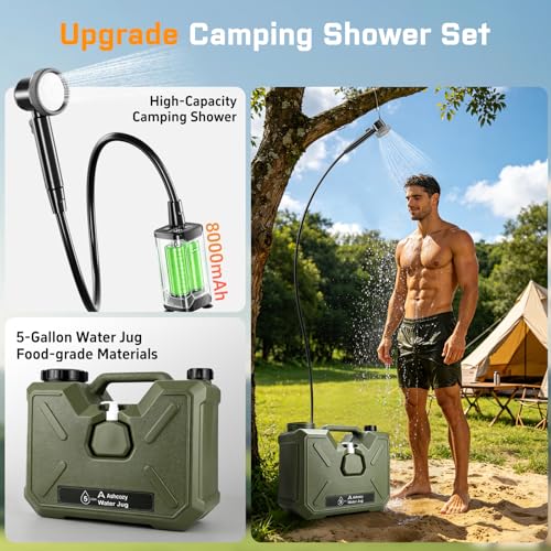Green Portable Camping Shower Kit with 5-Gallon Water Jug & Electric Pump