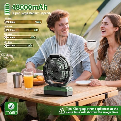 FRIZCOL 3-in-1 Portable Camping Fan with 48000mAh Battery, Light & Remote - Green