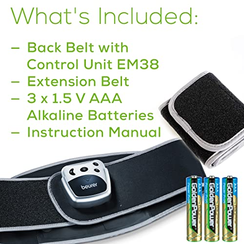 Beurer EM38 Lower Back Pain Relief Belt, TENS Unit Muscle Stimulator | 4 Electrodes | Adjustable & Breathable | Women & Men | Fits 30”-55” Waist | Lower Back Support, Lumbar Support, Back Brace Belt