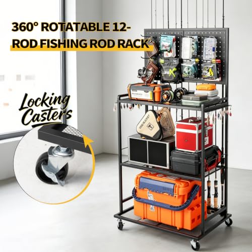 Black 3-Side Fence Fishing Rod Holder Rack for Garage, Up to 12 Rods, Hooks & Wheels, SOYEEZE