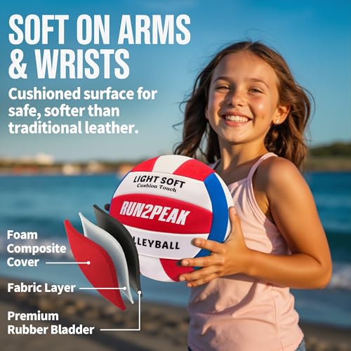 RUN2PEAK Light Soft Beginner Volleyball - Blue/Red/White, Official Size 5