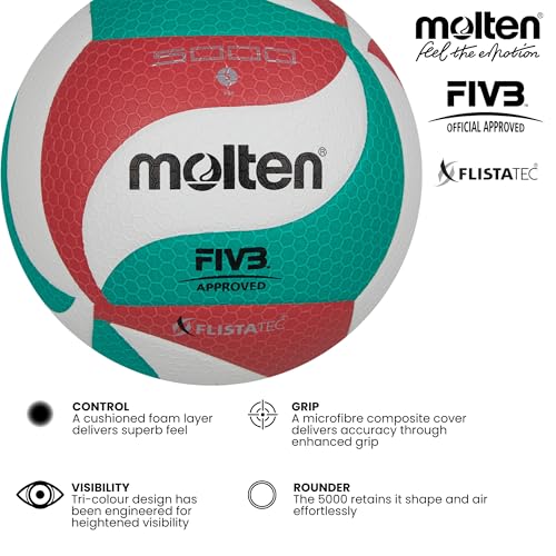 Molten FIBA Approved Indoor Volleyball - Official Size & Weight, Red/White/Green, Dual-Layer Laminated Leather