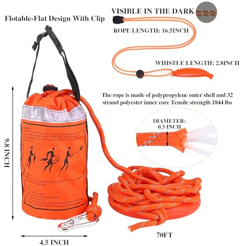 Water Rescue Throw Bag with 70 Ft Rope, 2 Emergency Whistles, High Visibility