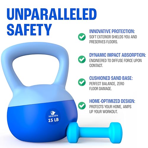 15LB Blue Kettlebell for Strength Training, Safe Home Workout Equipment
