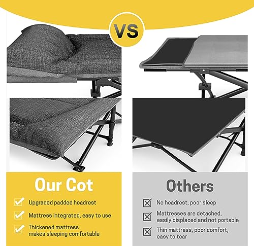 Grey Folding Camping Cot for Adults with Cushion & Pillow - Portable Bed