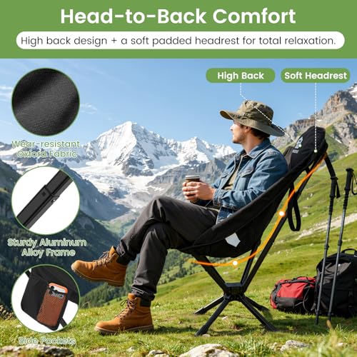 Black 360° Rotation Camping Chair with Cup Holder & High Back Support