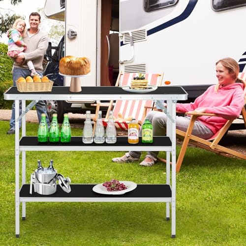 Black Portable Folding Camping Table with 2-Tier Storage Shelves & Removable Cover