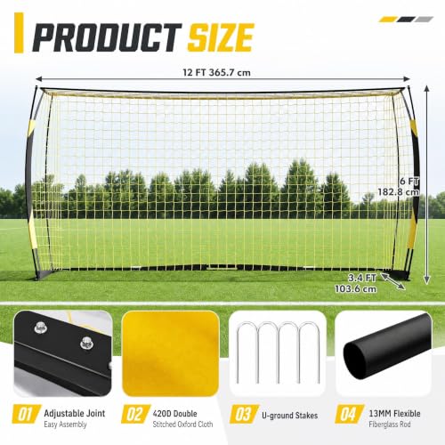 Garvee 12x6FT Yellow Soccer Goal with Foam Padded Posts, Heavy Duty Steel Frame, Portable Outdoor Training