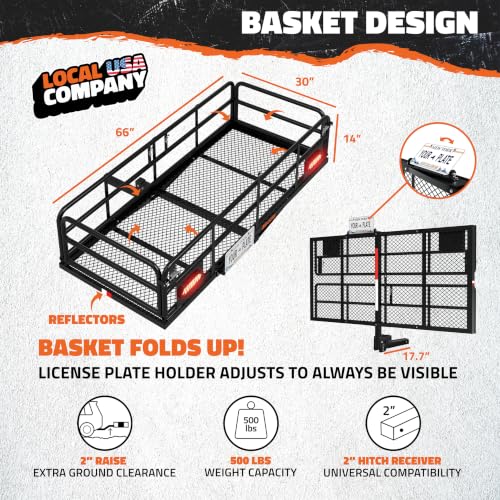 XXLarge 66x30x14 Inch High Rail Trailer Hitch Cargo Carrier with Waterproof Bag & Lights