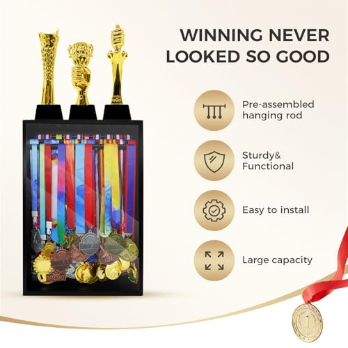 Medal Display Case with Tempered Glass and 60+ Medal Holders