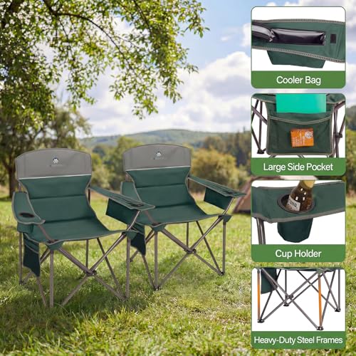 Dark Green Oversized Camping Chairs 2 Pack with Cooler, Cup Holders & Padded Seats