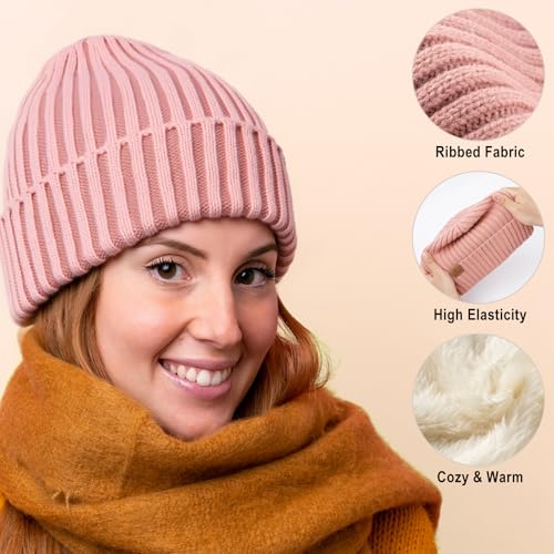 Winter Beanie Hat for Men and Women - Thick Thermal Plush Lined Knit Cap - Gray, White, Pink - One Size