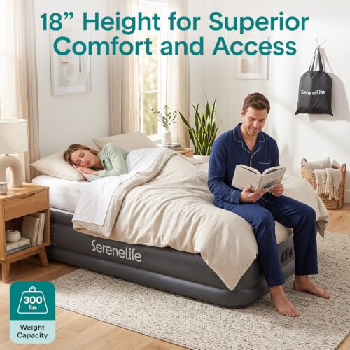 SereneLife Twin Size Raised Air Mattress with Built-in Pump, Waterproof Plush Top, 39-Inch Wide, 700 lbs Capacity — Gray