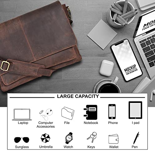 Oak Leathers Walnut Leather Laptop Messenger Bag with Diary - Unisex Office Crossbody Briefcase