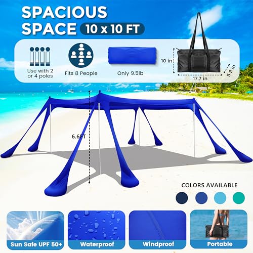 Navy 10x10FT Pop Up Beach Tent with 8 Sandbags & Aluminum Poles - UV50+ Sun Shelter for Family Outdoor Camping & Picnic