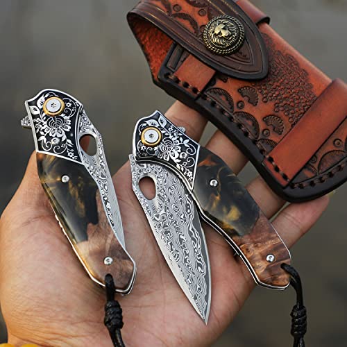 Handmade Damascus Steel Folding Knife with Maple Handle & Holster – EDC Outdoor Survival Blade