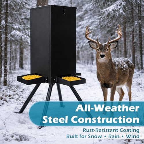 Heavy-Duty Galvanized Deer Feeder 60-70 lbs Weatherproof with 4 Feeding Trays - Black