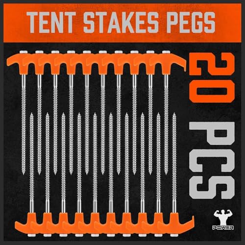 Heavy Duty Tent Stakes Set 20 Pack 8 Inch with Ropes & Hook - Camping Gear
