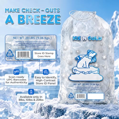 ICE N COLD 8lb Ice Bags (400 ct) with Cotton String, Food Grade, Reusable